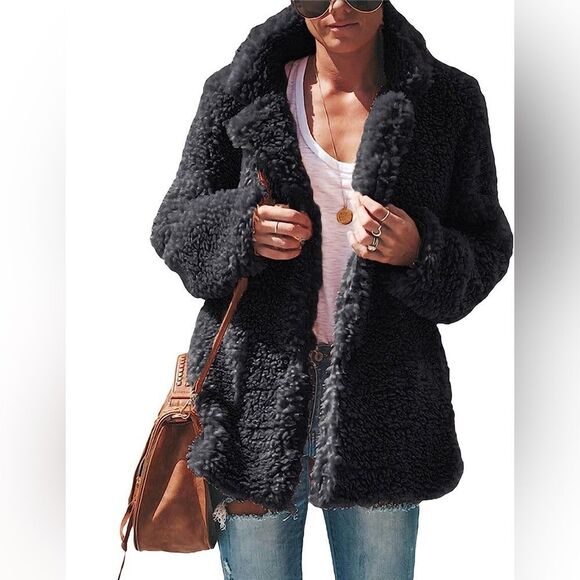 Plush Long Sleeve Sherpa Hooded Jacket with pockets - Picture 1 of 6